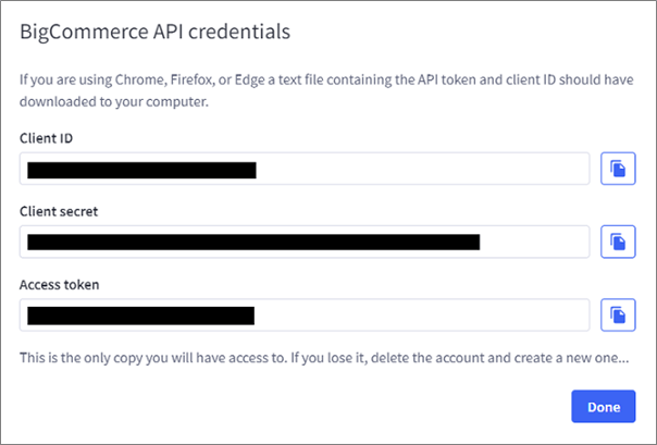 The BigCommerce API credentials dialog showing the Client ID, Client secret, and Access token fields. BigCommerce API credentials